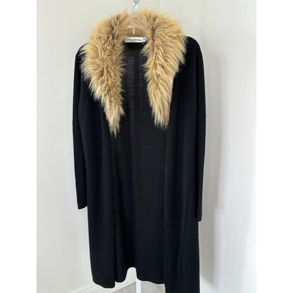 Vtg Black Knit Penny Lane Fur Trim Open Front Long Cardigan Duster S Whimsigoth